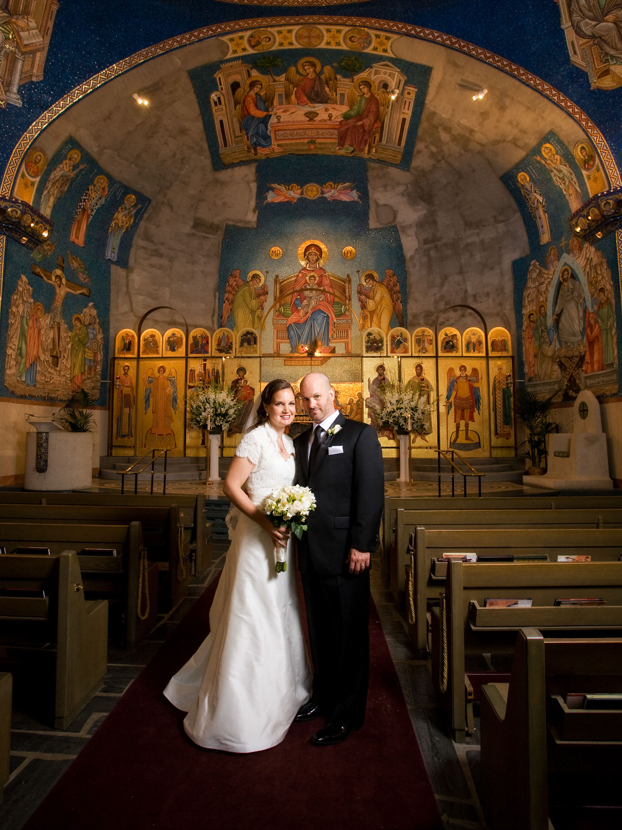 Dramatic bridal portrait inside the Holy Cross Greek Orthodox Church in Belmont