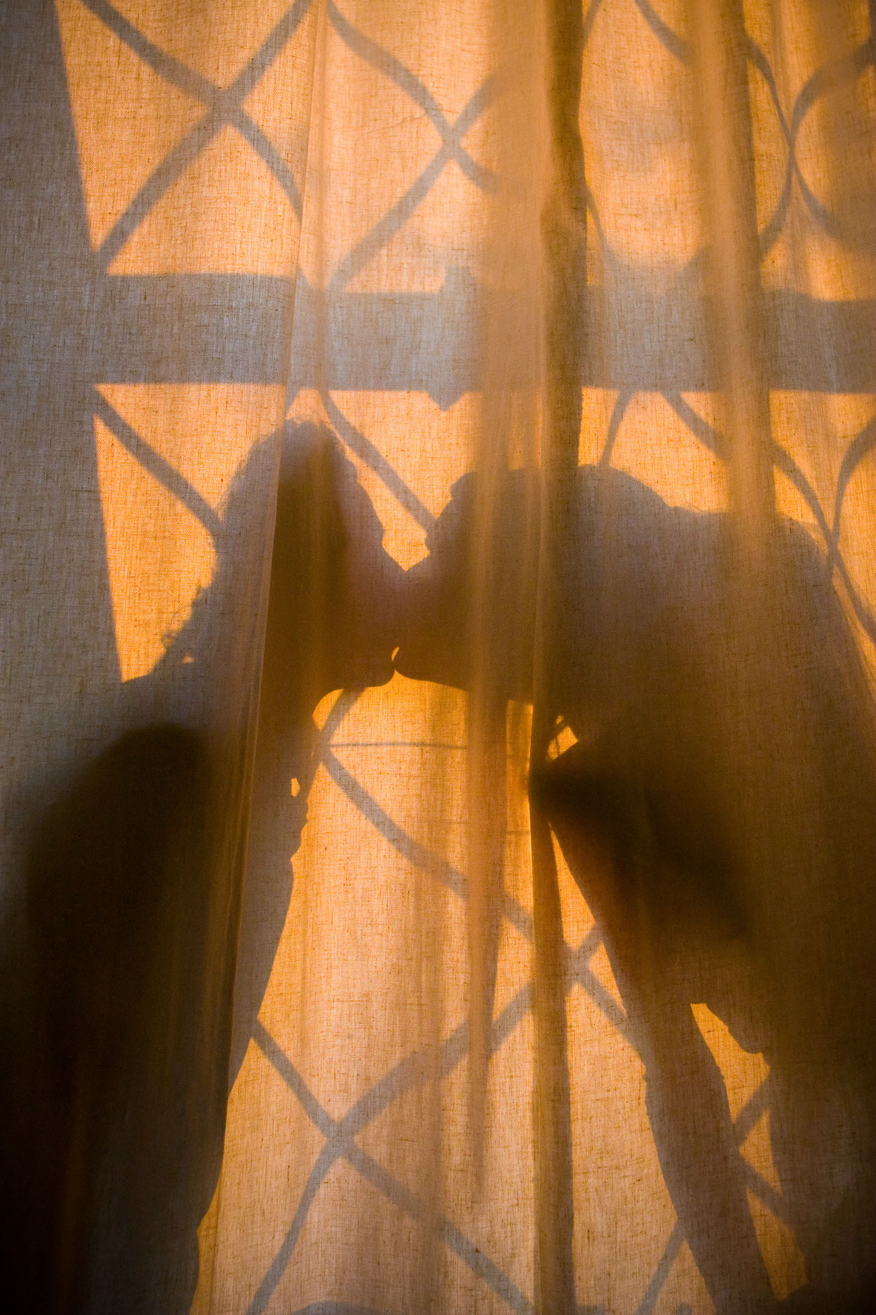Bride and groom are silhouetted behind a curtain at the Berkeley City Club. 