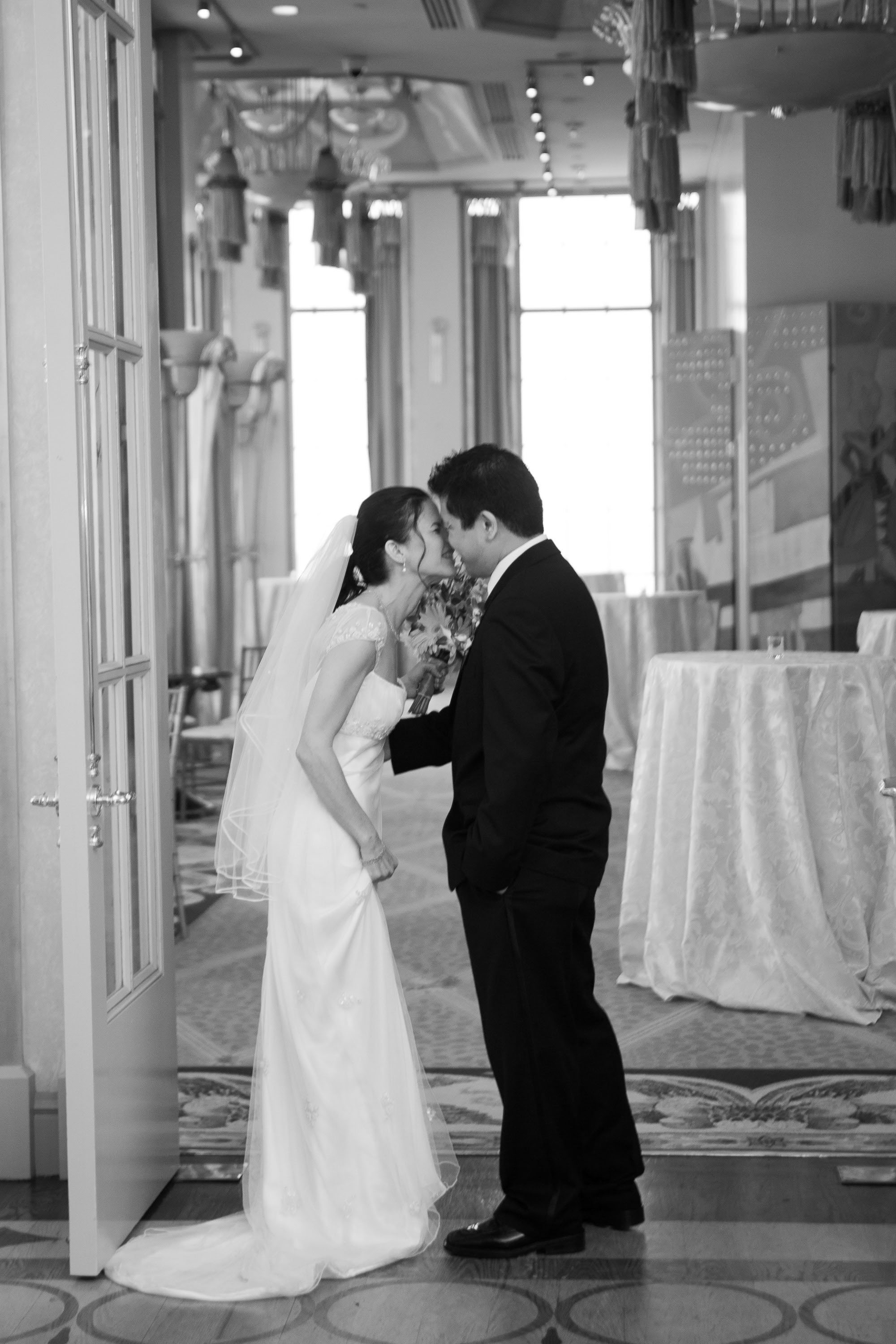 The bride and groom see each other for the first time in Victor's Palace  at the St. Francis Hotel in San Francisco