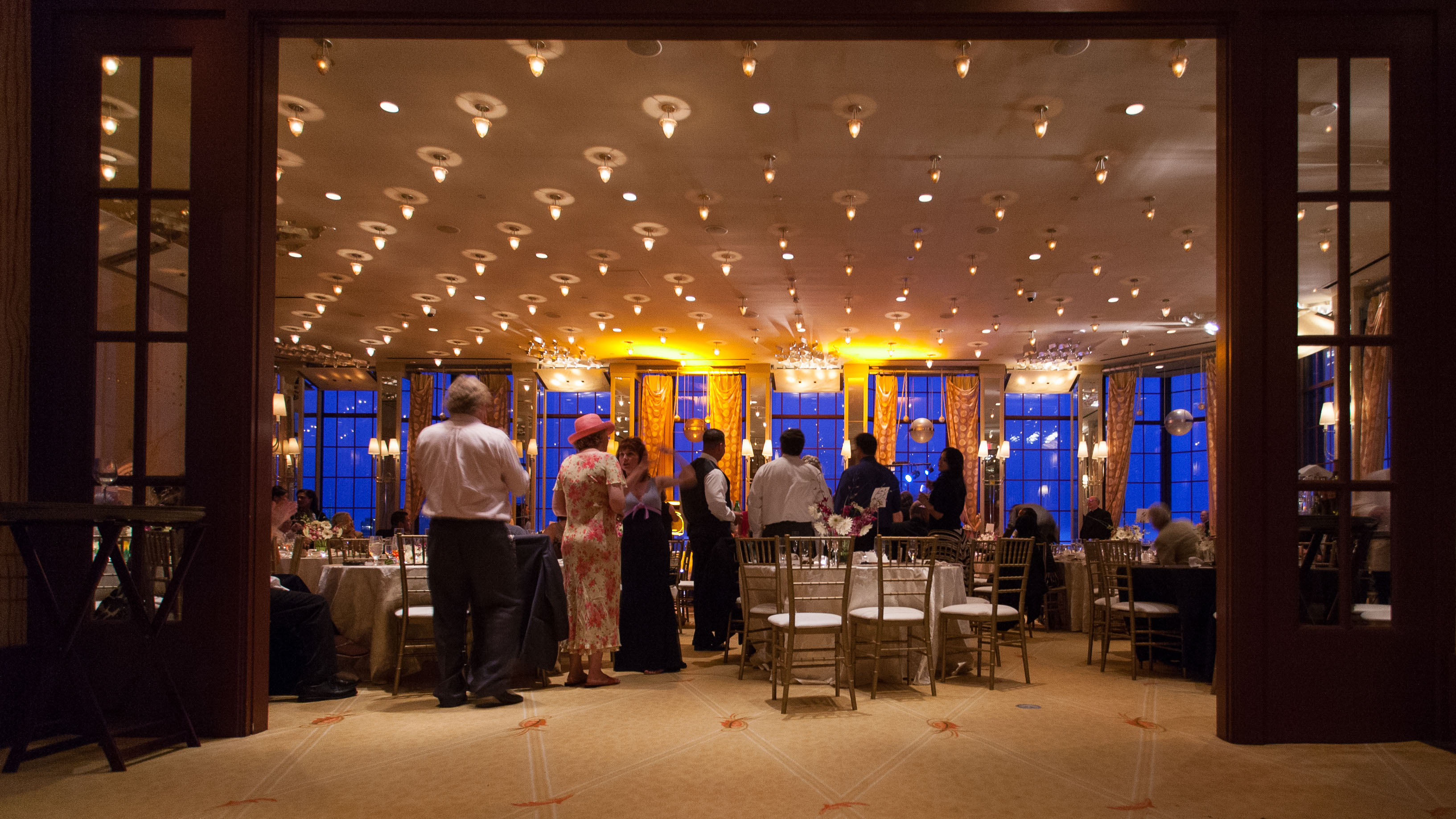 A panorama of Alexandria's Ballroom at twilight  at the St. Francis Hotel in San Francisco