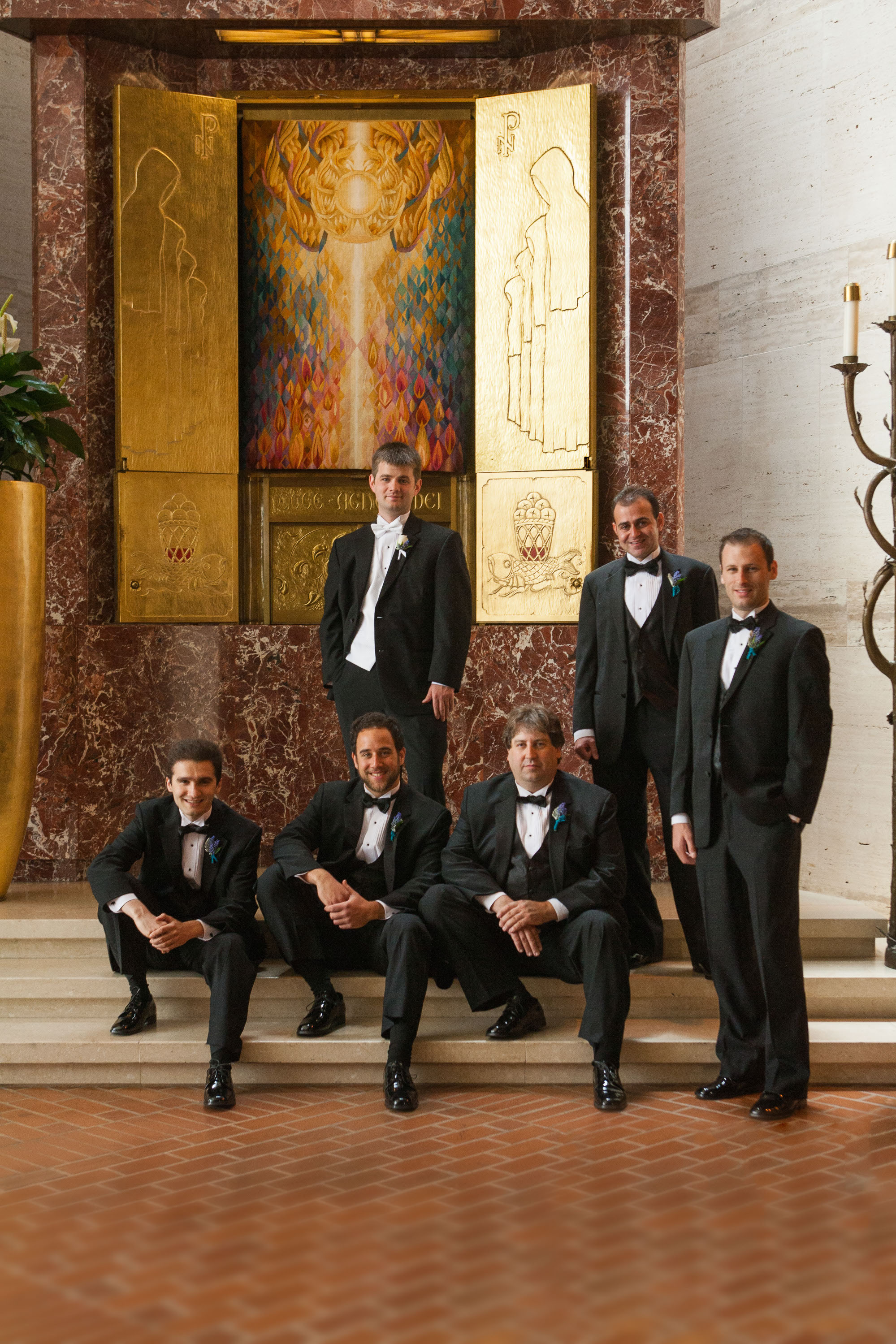 The groom and his groomsen  at St. Mary's Cathedral in San Francisco.