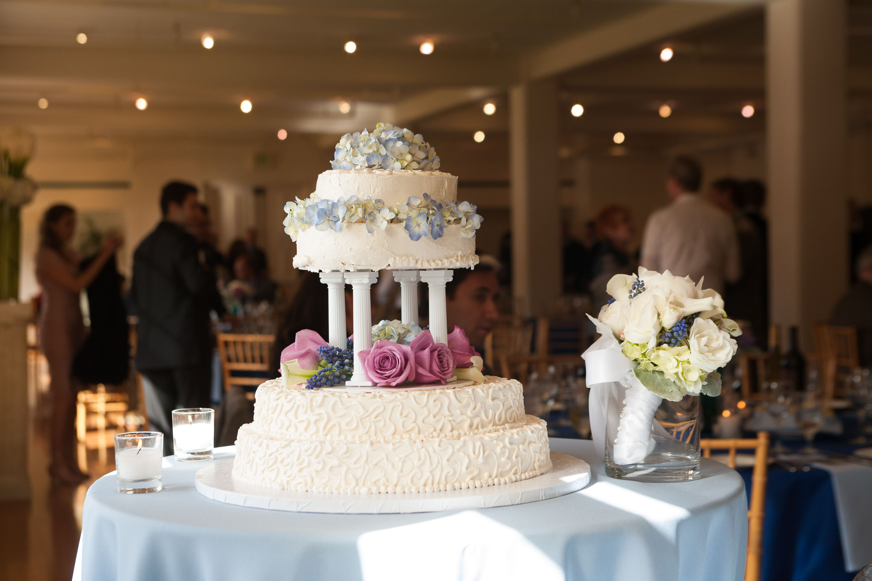 A beautiful flowered wedding cake at The San Francisco Film Centre